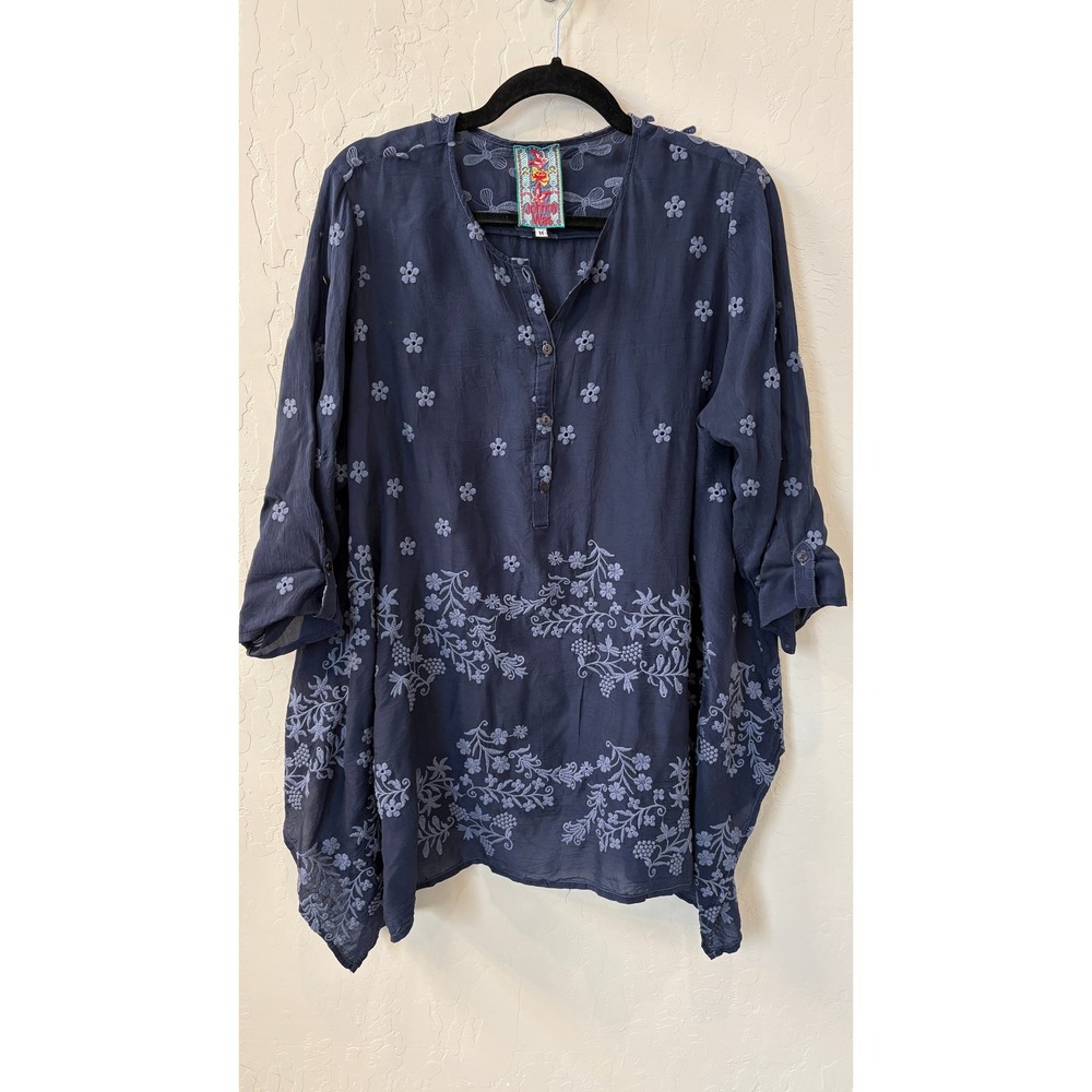 Johnny Was Navy Blue Floral Embroidered Cupra Rayon Tunic Top C15717-0 Womens M